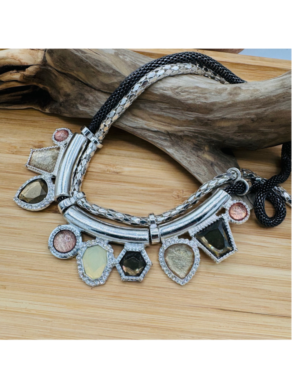 Jennifer Lopez Chunky Multi-Strand Silver Black Jeweled Statement Necklace